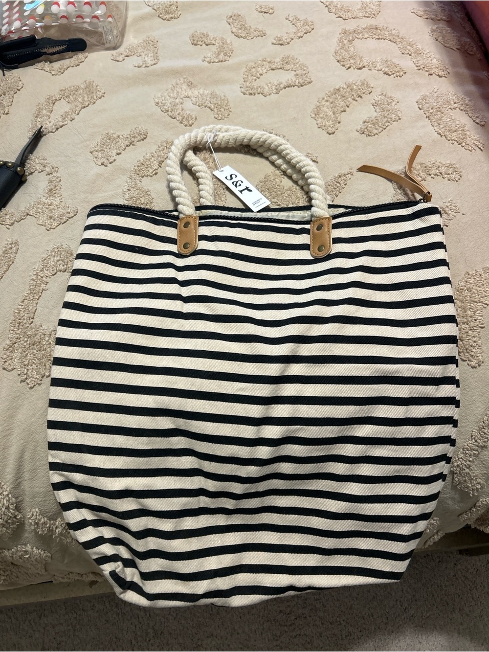 Bundle Striped Canvas Tote Bag with Rope Handles - Black & Cream & Black Tote
